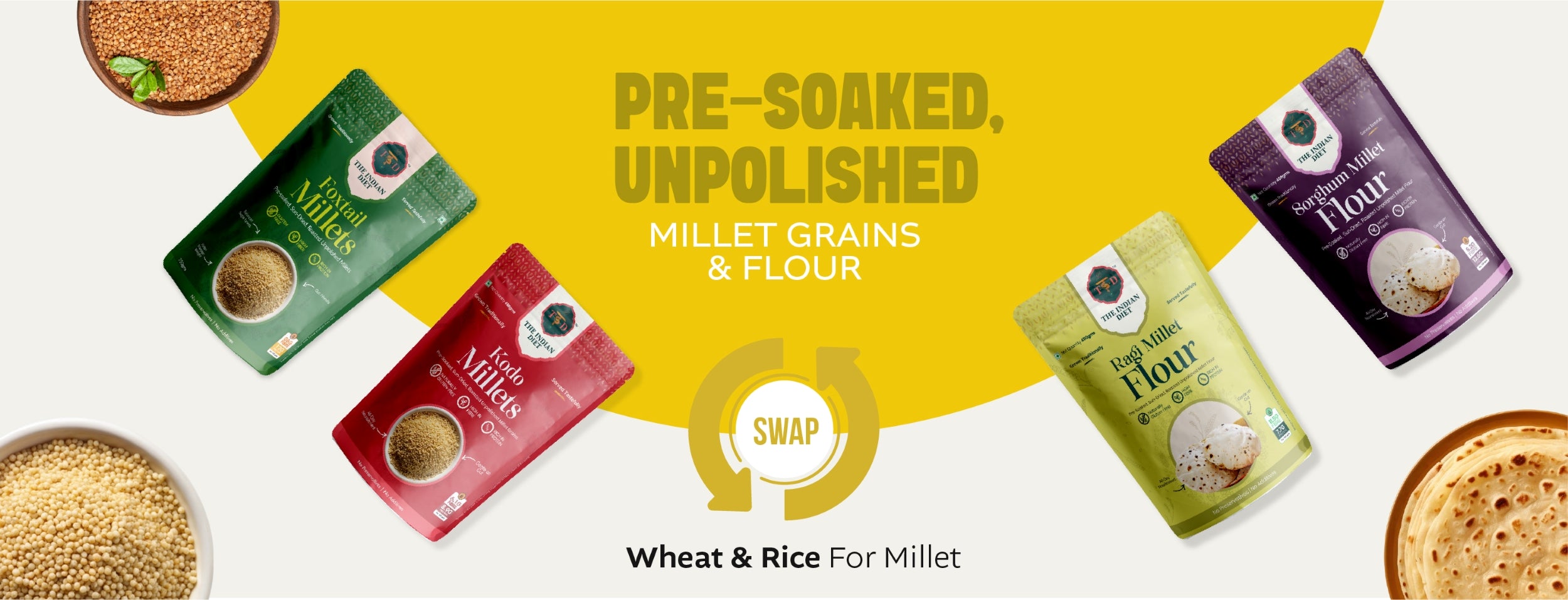 The Indian  pre-soaked, unpolished millet grains and flour, Foxtail, Kodo, Little Millet Combo